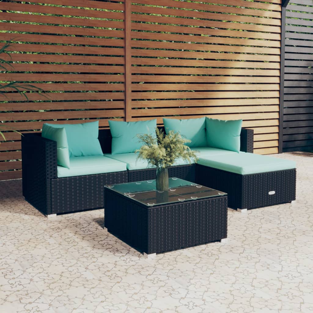 vidaXL 5 Piece Patio Lounge Set with Cushions Poly Rattan Black